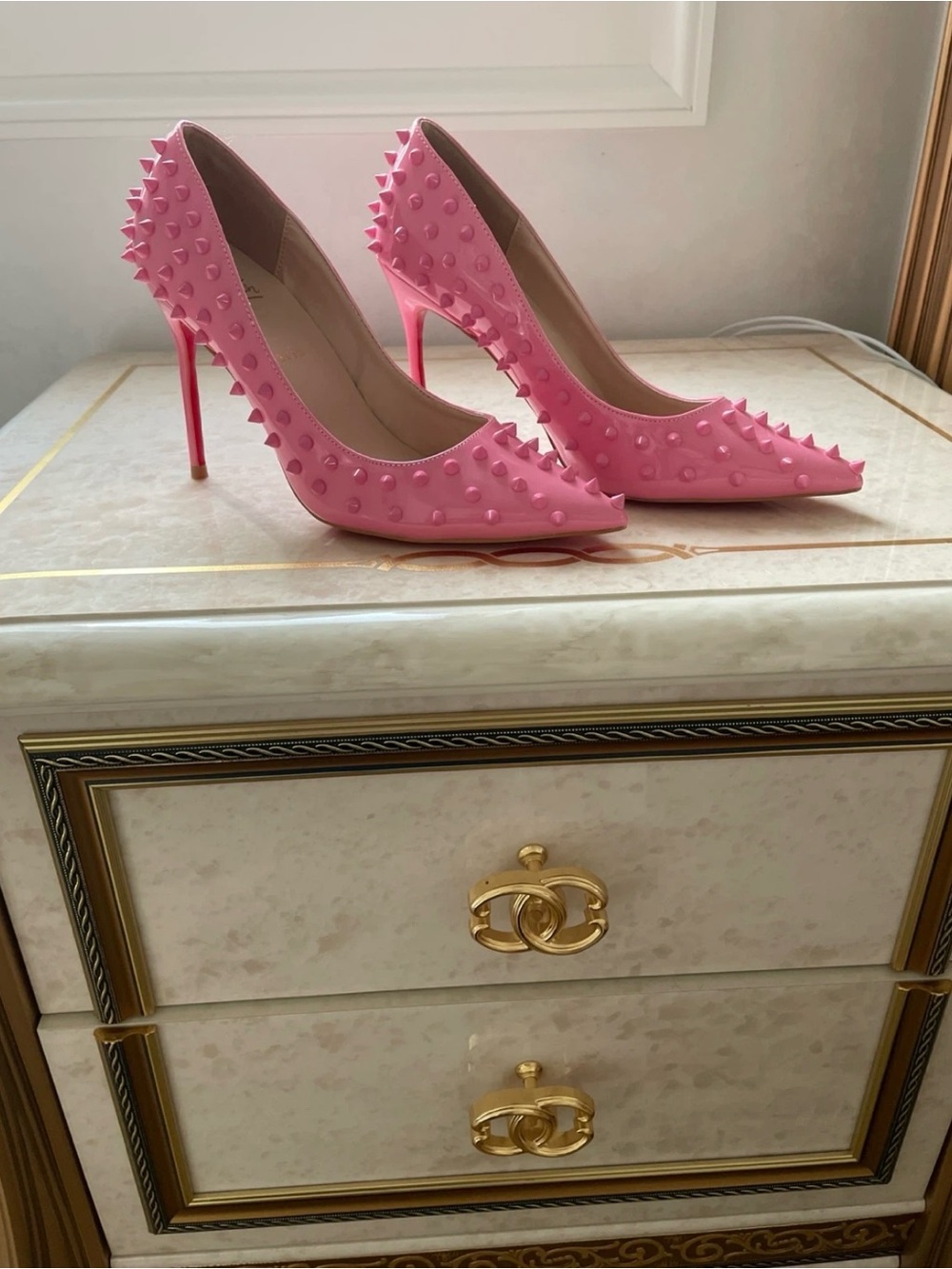 Authentic Christian Louboutin Pink Spike-Embellished Pointed-Toe Stilettos